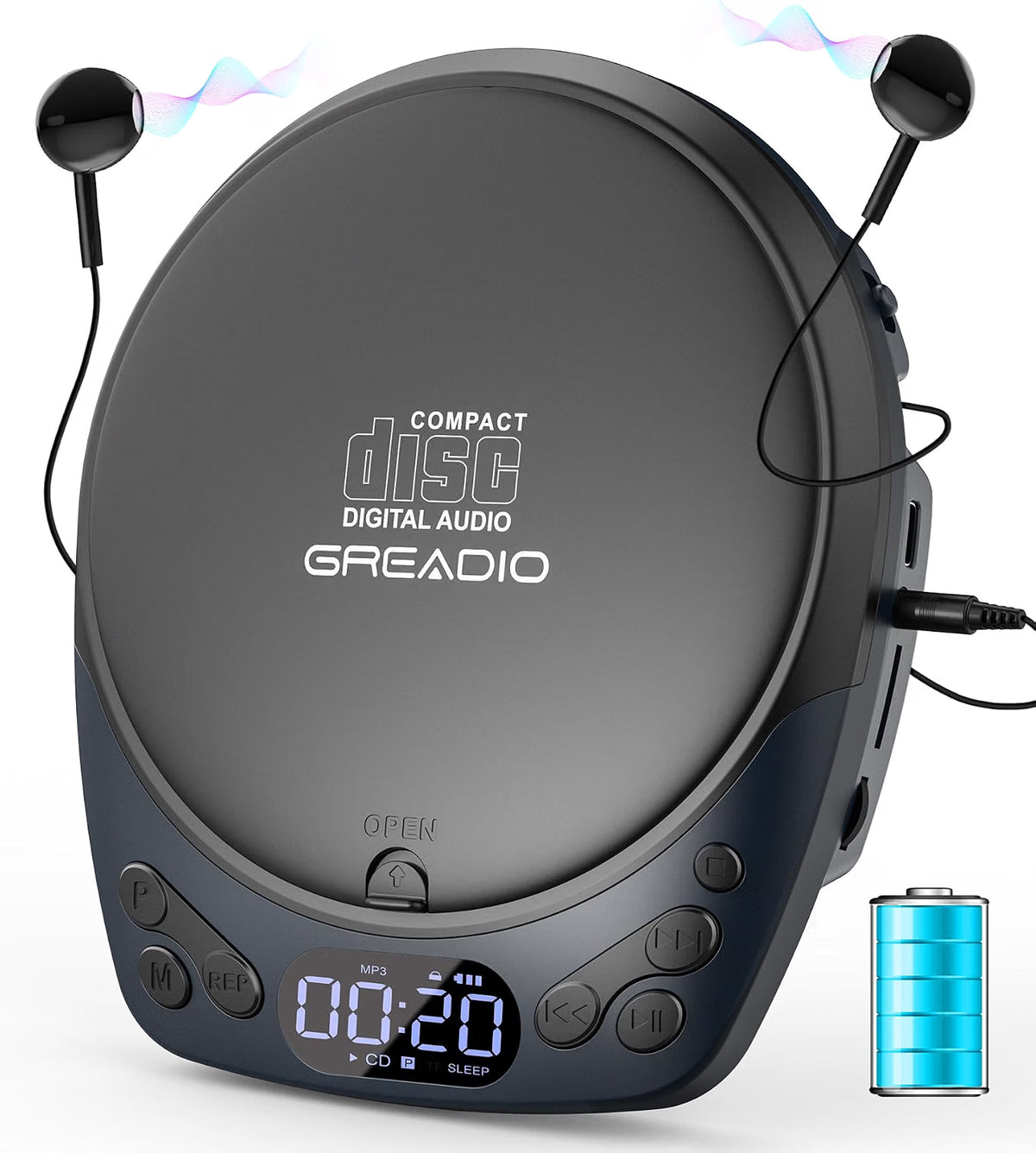 CD Player - Greadio Portable with Headphones, Rechargeable for Home
