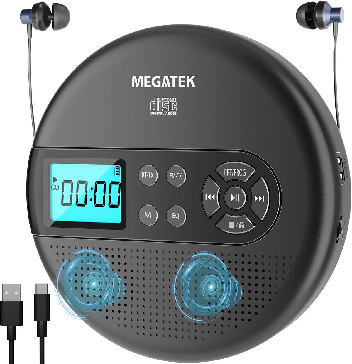 CD Player - MEGATEK Portable with Bluetooth RX/TX, FM Transmitter & USB